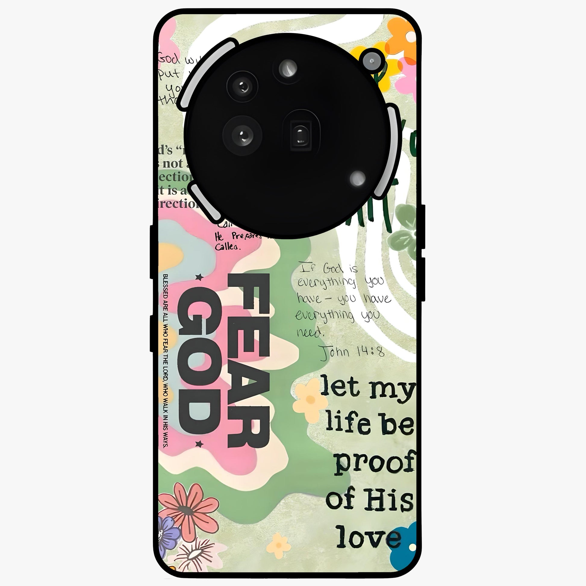 Faith Over Fear Glass Case showing flat back view with motivational typography artwork and glossy glass finish.