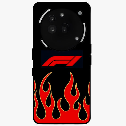 Fire F11 Glass Case showing flat back view with fiery themed artwork and glossy glass finish.