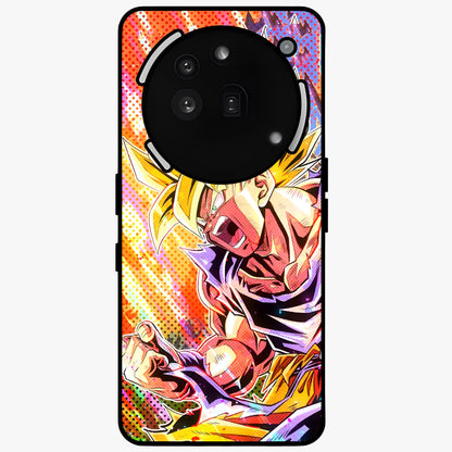 Firing Goku Glass Case showing flat back view with powerful anime inspired artwork and glossy glass finish.