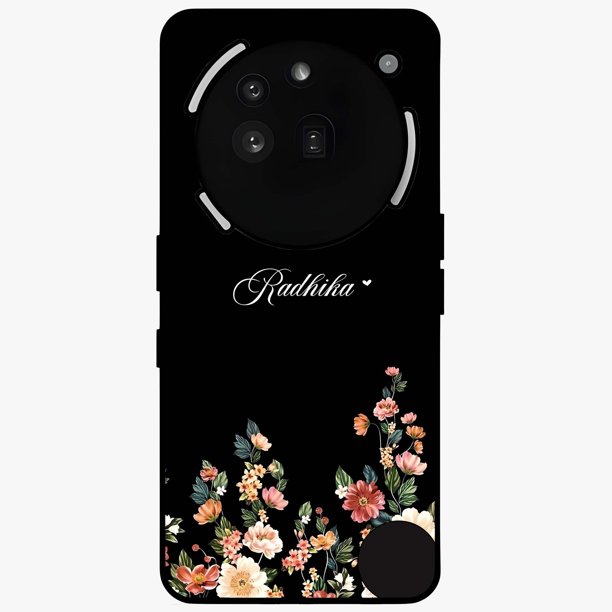 Floral Design With a Custom Personalized Name Glass Case showing flat back view with floral artwork and personalized name design.