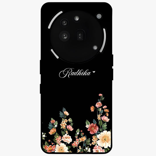 Floral Design With a Custom Personalized Name Glass Case showing flat back view with floral artwork and personalized name design.