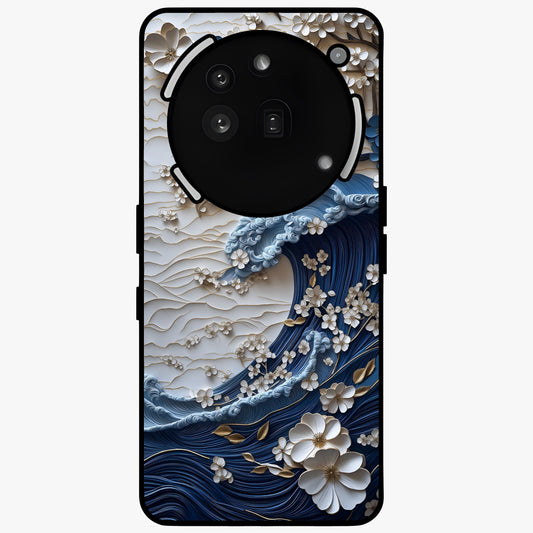 Floral Wave Origami Glass Case showing flat back view with origami inspired floral wave artwork and glossy glass finish.