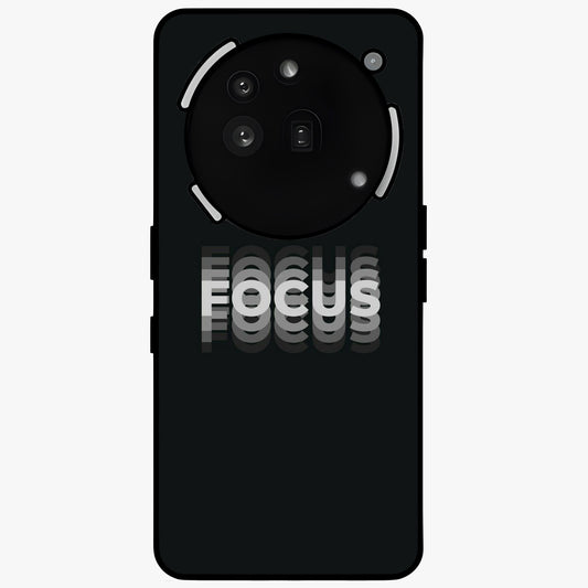 Focus Mode On Glass Case showing flat back view with bold motivational typography design and glossy glass finish.