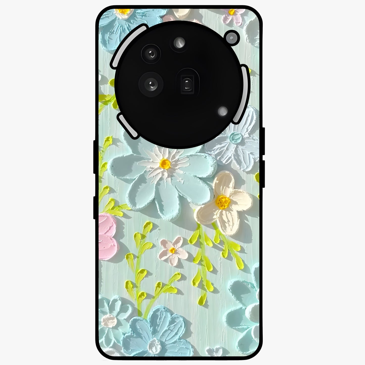 Frosted Petal Garden Glass Case showing flat back view with soft frosted floral artwork and glossy glass finish.
