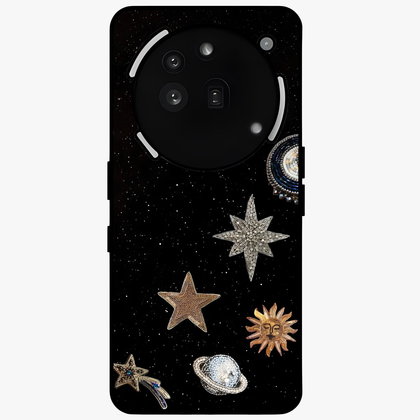 Galactic Charm Glow Glass Case showing flat back view with glowing celestial charm artwork and glossy glass finish.