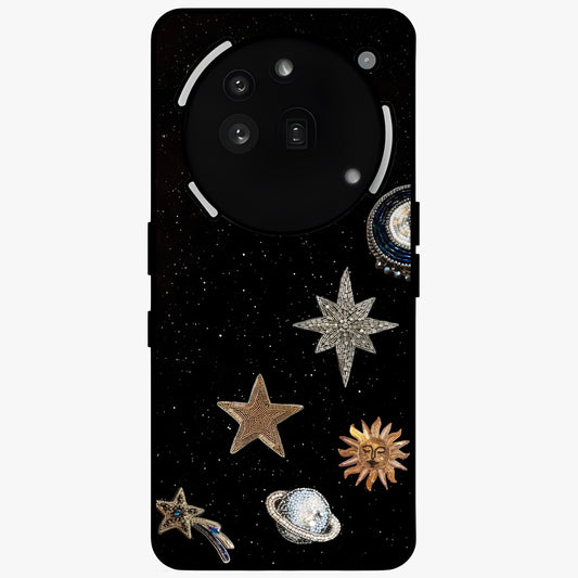 Galactic Charm Glow Glass Case showing flat back view with glowing celestial charm artwork and glossy glass finish.