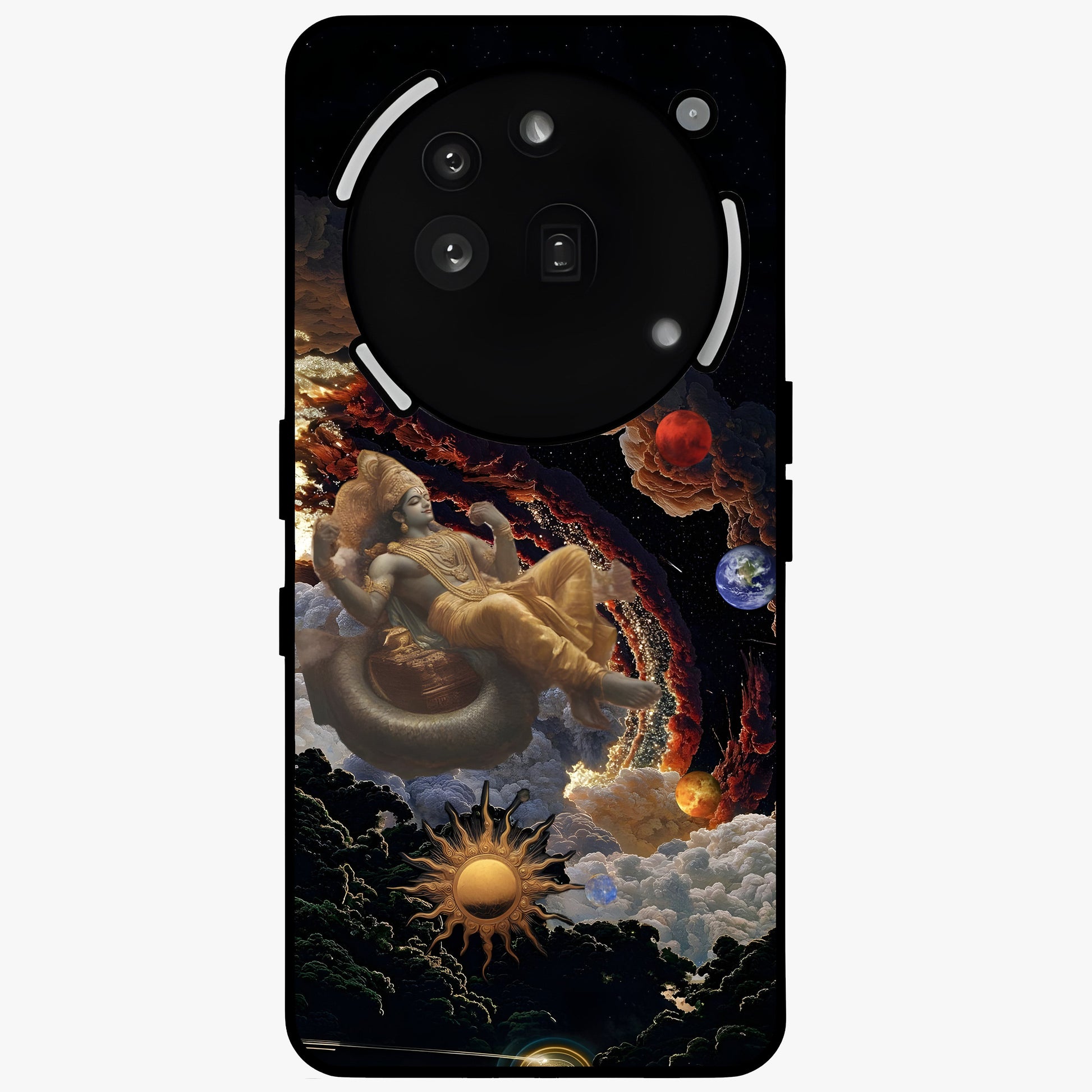 Galactic Divine God Glass Case showing flat back view with divine cosmic themed artwork and glossy glass finish.