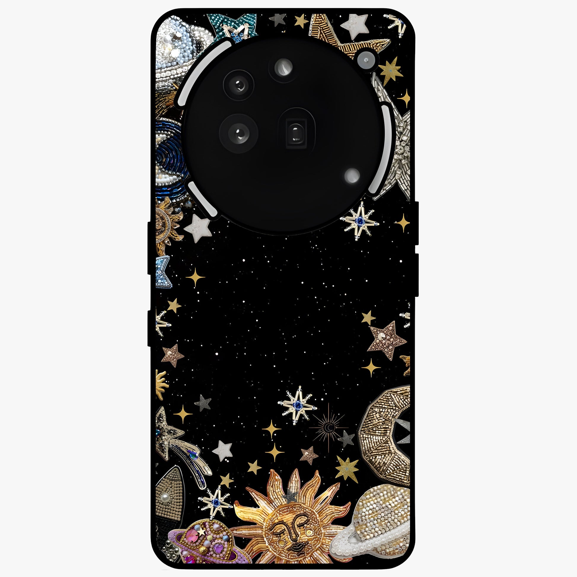Galactic Jewel Stars Glass Case showing flat back view with sparkling star jewel artwork and glossy glass finish.