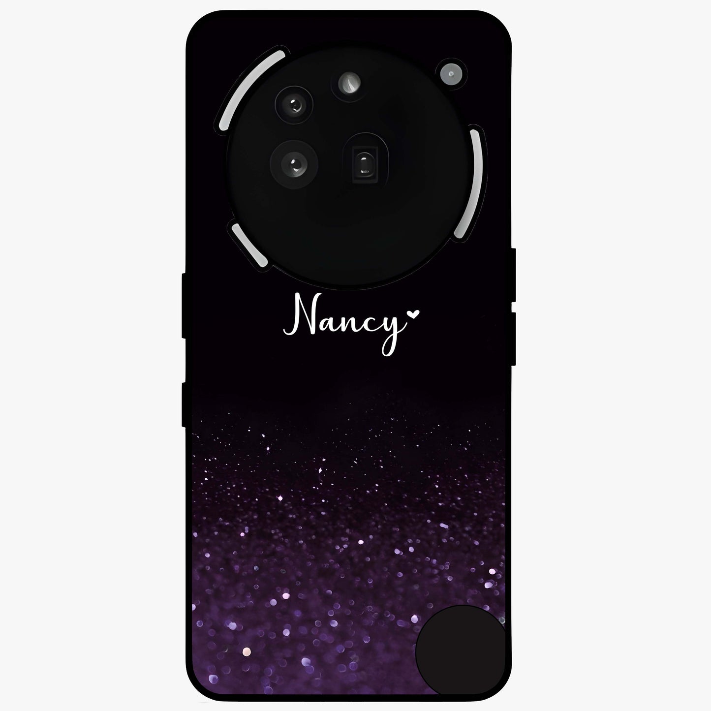 Glittery Purple Bokeh Custom Name Glass Case showing flat back view with purple bokeh sparkle artwork and personalized name design.