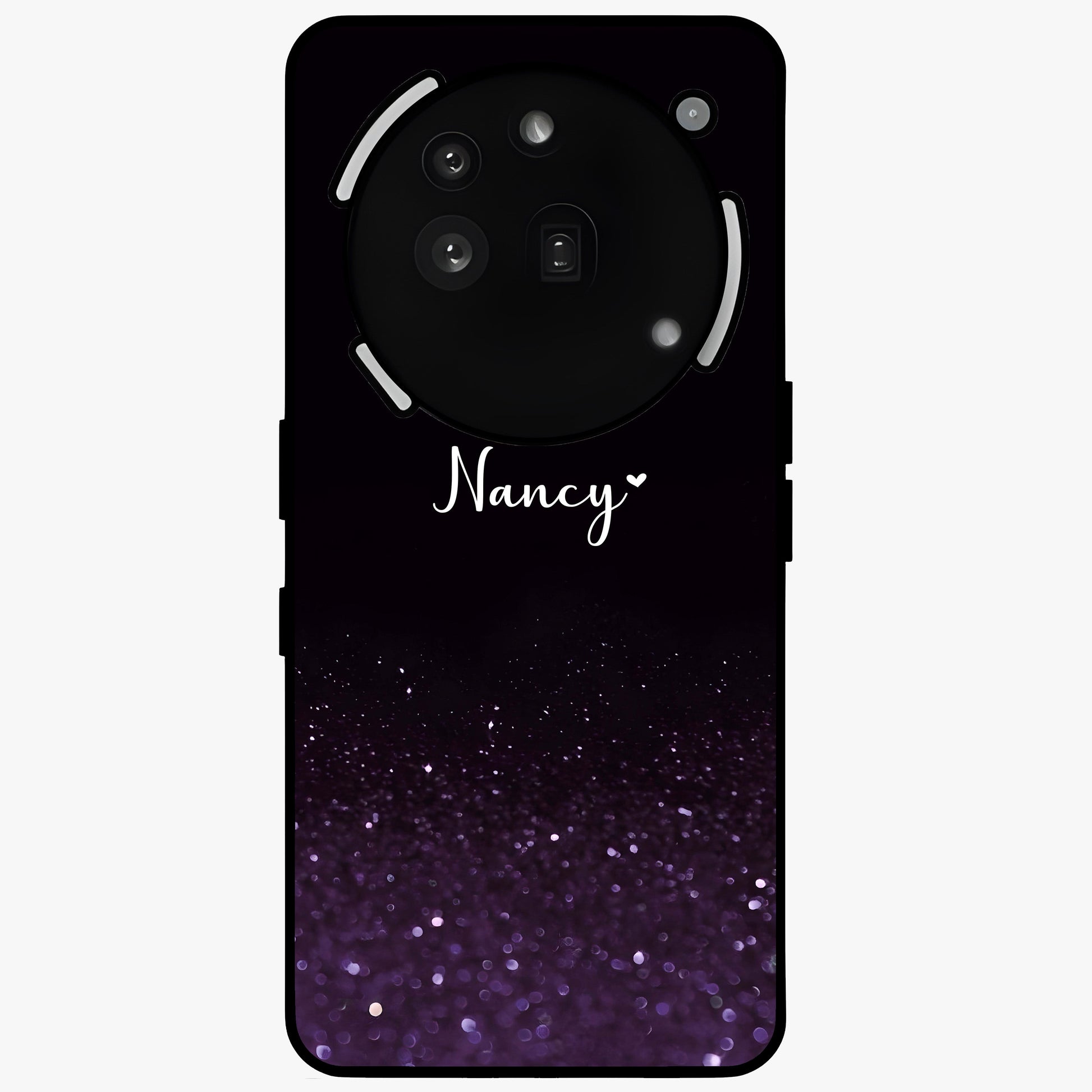 Glittery Purple Bokeh Custom Name Glass Case showing flat back view with purple bokeh sparkle artwork and personalized name design.