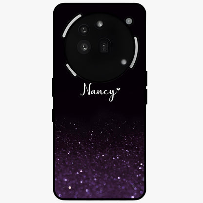 Glittery Purple Bokeh Custom Name Glass Case showing flat back view with purple bokeh sparkle artwork and personalized name design.