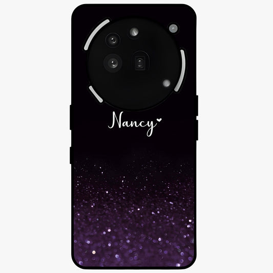 Glittery Purple Bokeh Custom Name Glass Case showing flat back view with purple bokeh sparkle artwork and personalized name design.