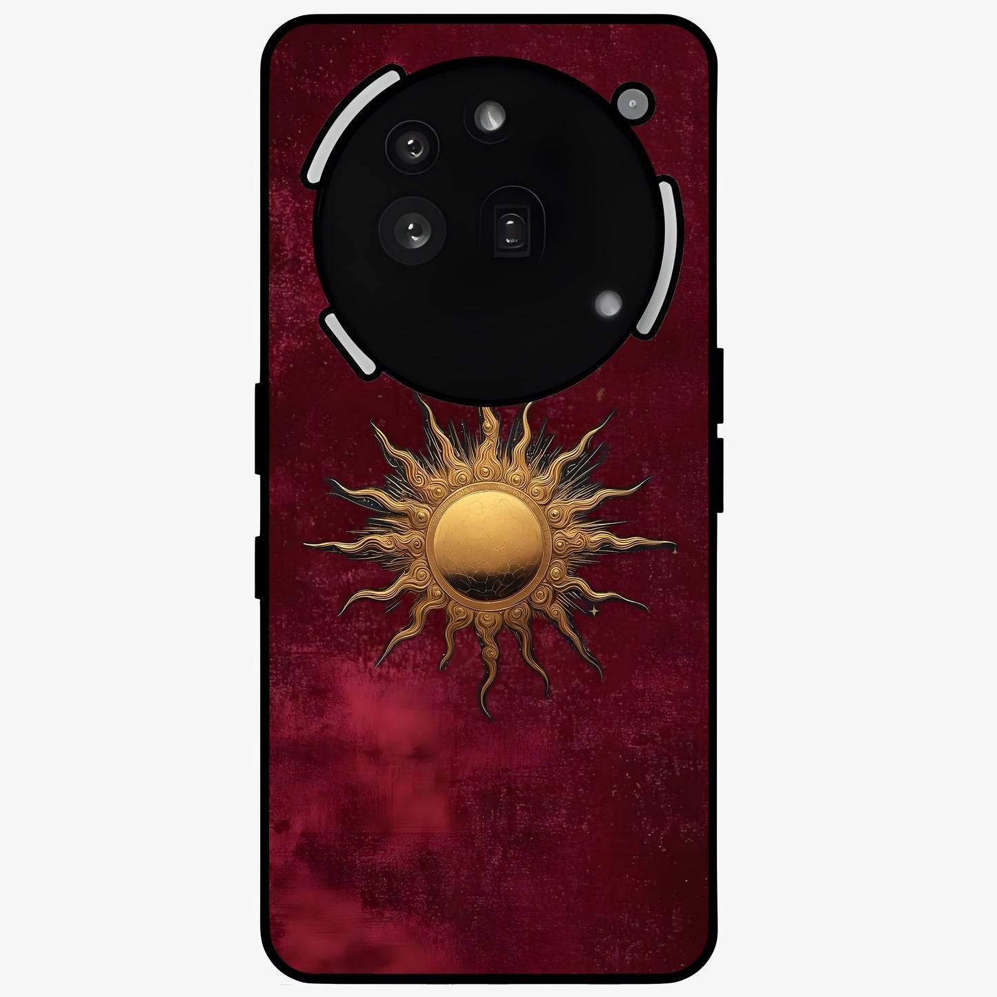 Gold Sun Blush Glass Case showing flat back view with golden sun inspired artwork and glossy glass finish.