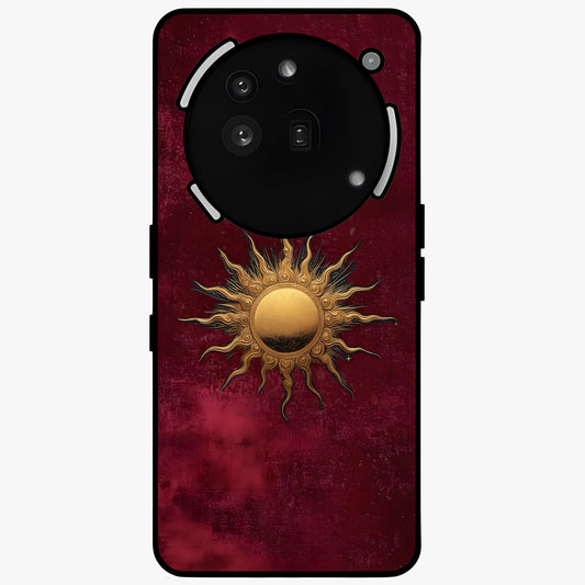Gold Sun Blush Glass Case showing flat back view with golden sun inspired artwork and glossy glass finish.