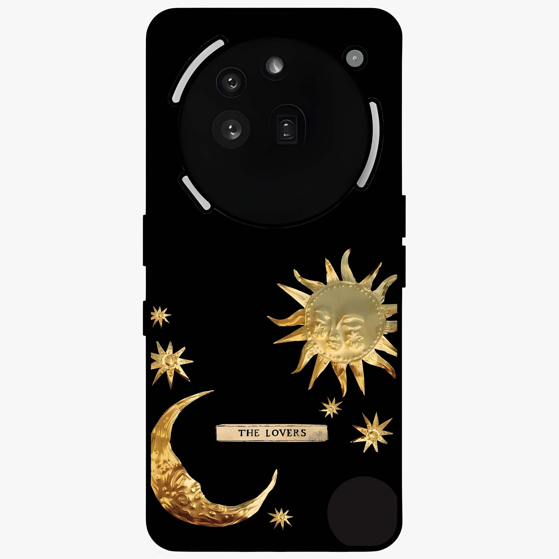 Golden Celestial Charm Glass Case showing flat back view with golden celestial charm artwork and glossy glass finish.