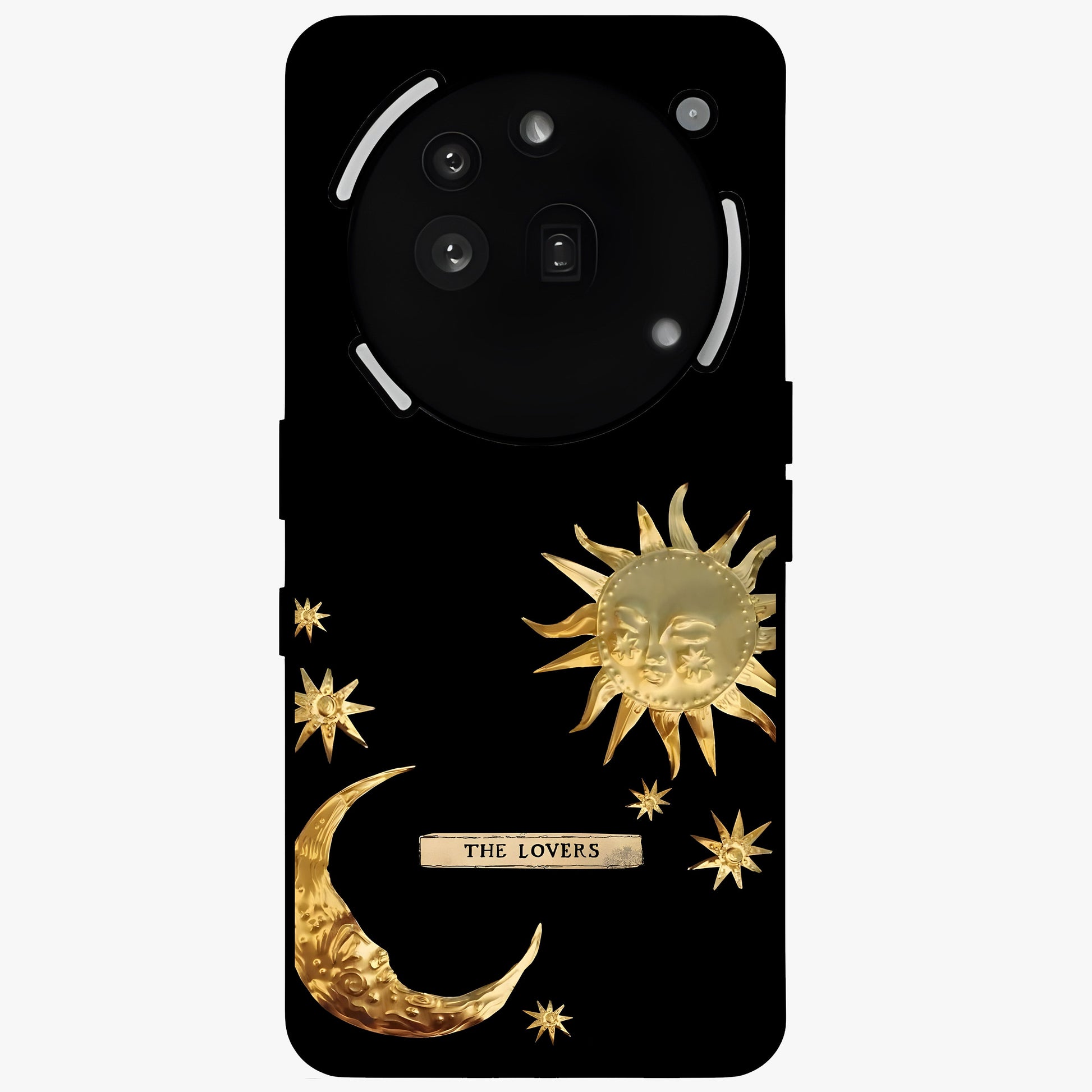 Golden Celestial Charm Glass Case showing flat back view with golden celestial charm artwork and glossy glass finish.