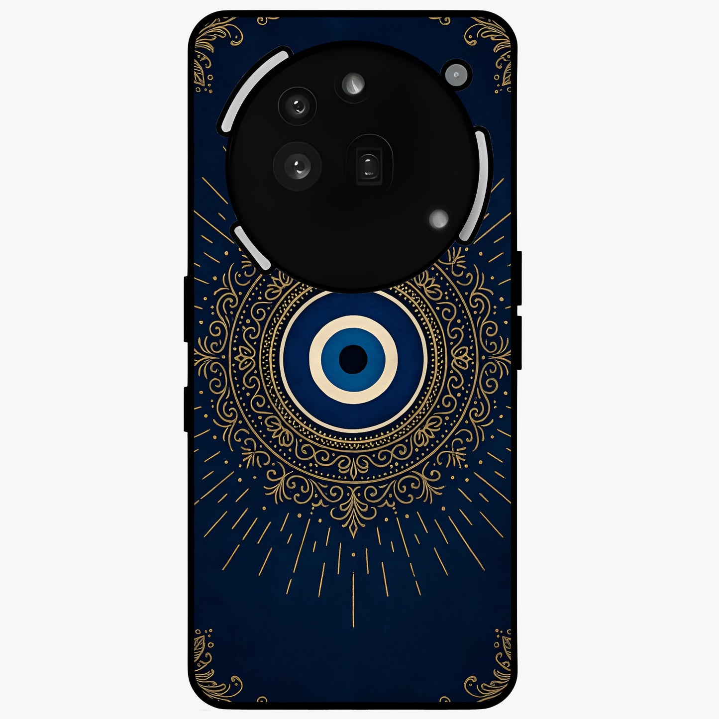 Golden Evil Eye Mandala Glass Case showing flat back view with intricate evil eye mandala artwork and glossy glass finish.