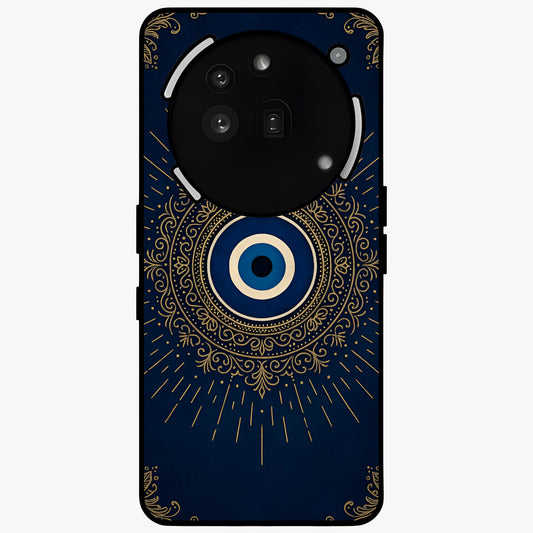 Golden Evil Eye Mandala Glass Case showing flat back view with intricate evil eye mandala artwork and glossy glass finish.