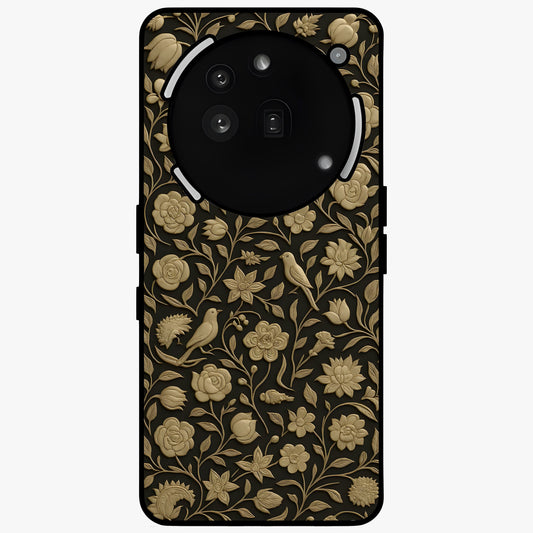 Golden Floral Majesty Glass Case showing flat back view with luxurious golden floral artwork and glossy glass finish.