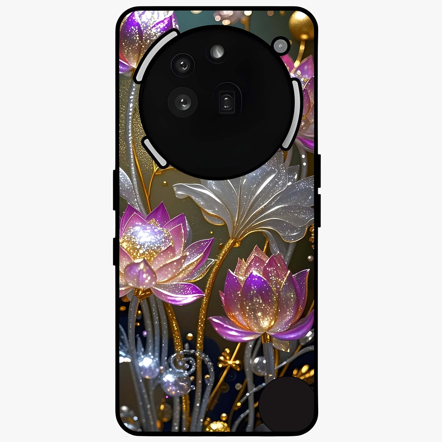 Golden Lotus Glow Glass Case showing flat back view with glowing lotus flower artwork and glossy glass finish.