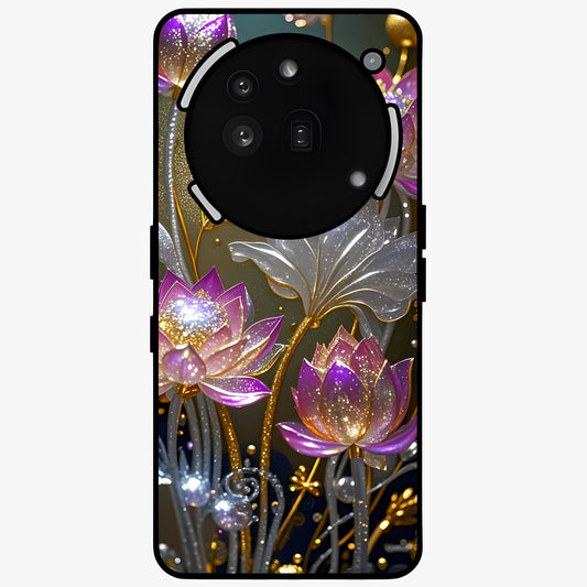Golden Lotus Glow Glass Case showing flat back view with glowing lotus flower artwork and glossy glass finish.