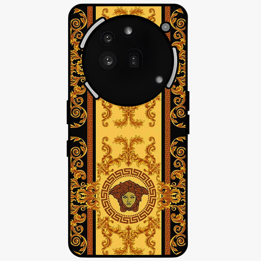 Golden Royal Heritage Glass Case showing flat back view with ornate royal pattern artwork and glossy glass finish.