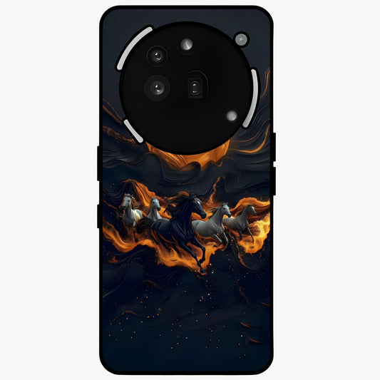 Golden Stallion Moonride Glass Case showing flat back view with majestic horse under moonlight artwork and glossy glass finish.