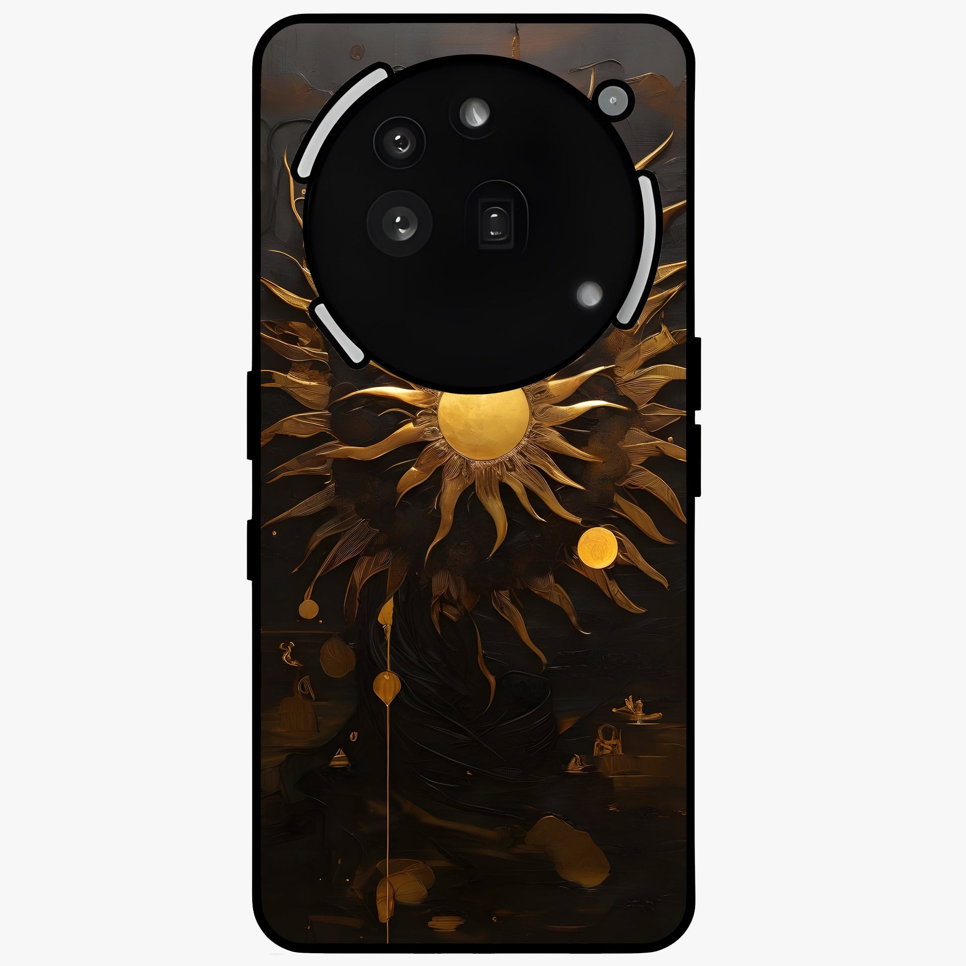 Golden Sun Majesty Glass Case showing flat back view with radiant golden sun artwork and glossy glass finish.