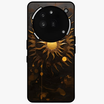 Golden Sun Majesty Glass Case showing flat back view with radiant golden sun artwork and glossy glass finish.