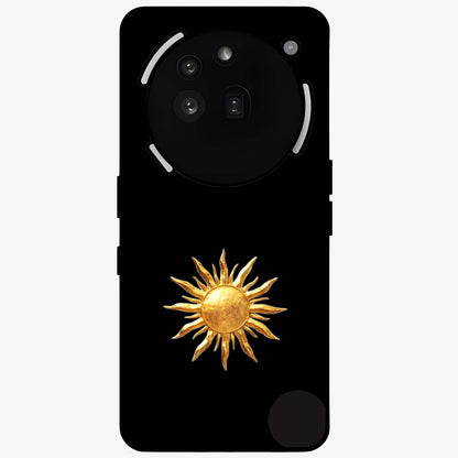 Golden Sun Minimalism Glass Case showing flat back view with minimal golden sun artwork and glossy glass finish.