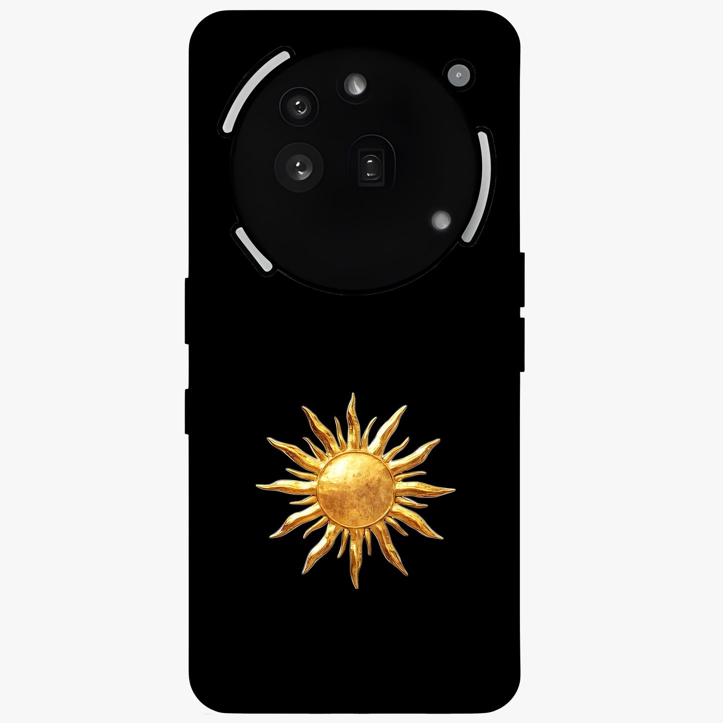 Golden Sun Minimalism Glass Case showing flat back view with minimal golden sun artwork and glossy glass finish.