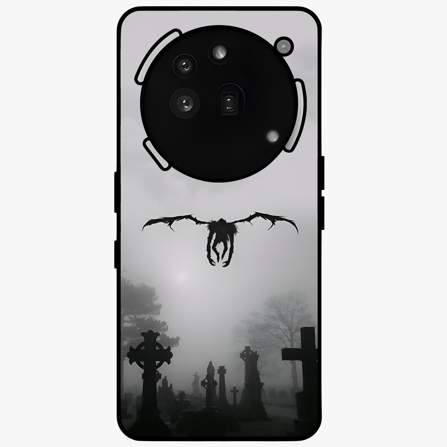 Graveyard Shadow Descent Glass Case showing flat back view with dark graveyard themed artwork and glossy glass finish.