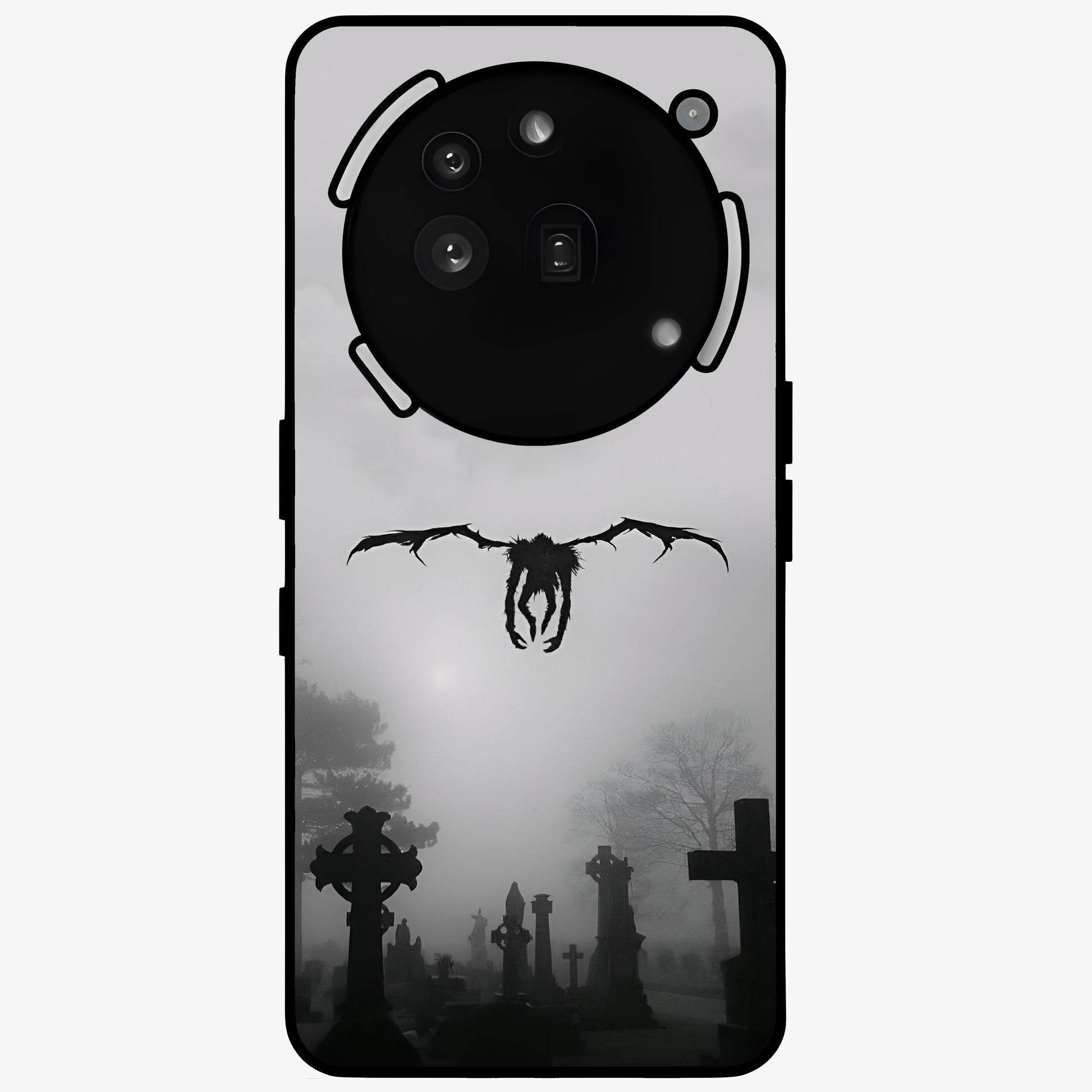 Graveyard Shadow Descent Glass Case showing flat back view with dark graveyard themed artwork and glossy glass finish.