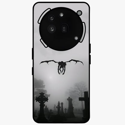 Graveyard Shadow Descent Glass Case showing flat back view with dark graveyard themed artwork and glossy glass finish.
