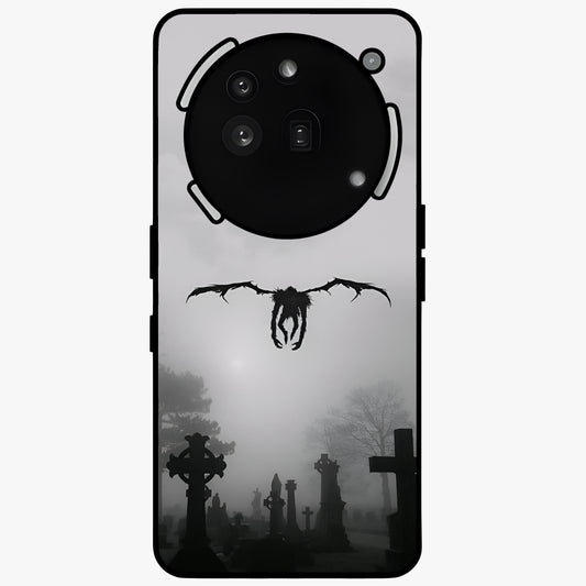 Graveyard Shadow Descent Glass Case showing flat back view with dark graveyard themed artwork and glossy glass finish.