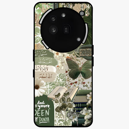 Green Islamic Books Quotes Glass Case showing flat back view with Islamic quotes and book themed artwork and glossy glass finish.