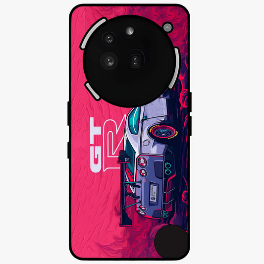 GT-R Car Pattern Glass Case showing flat back view with sporty car inspired pattern artwork and glossy glass finish.