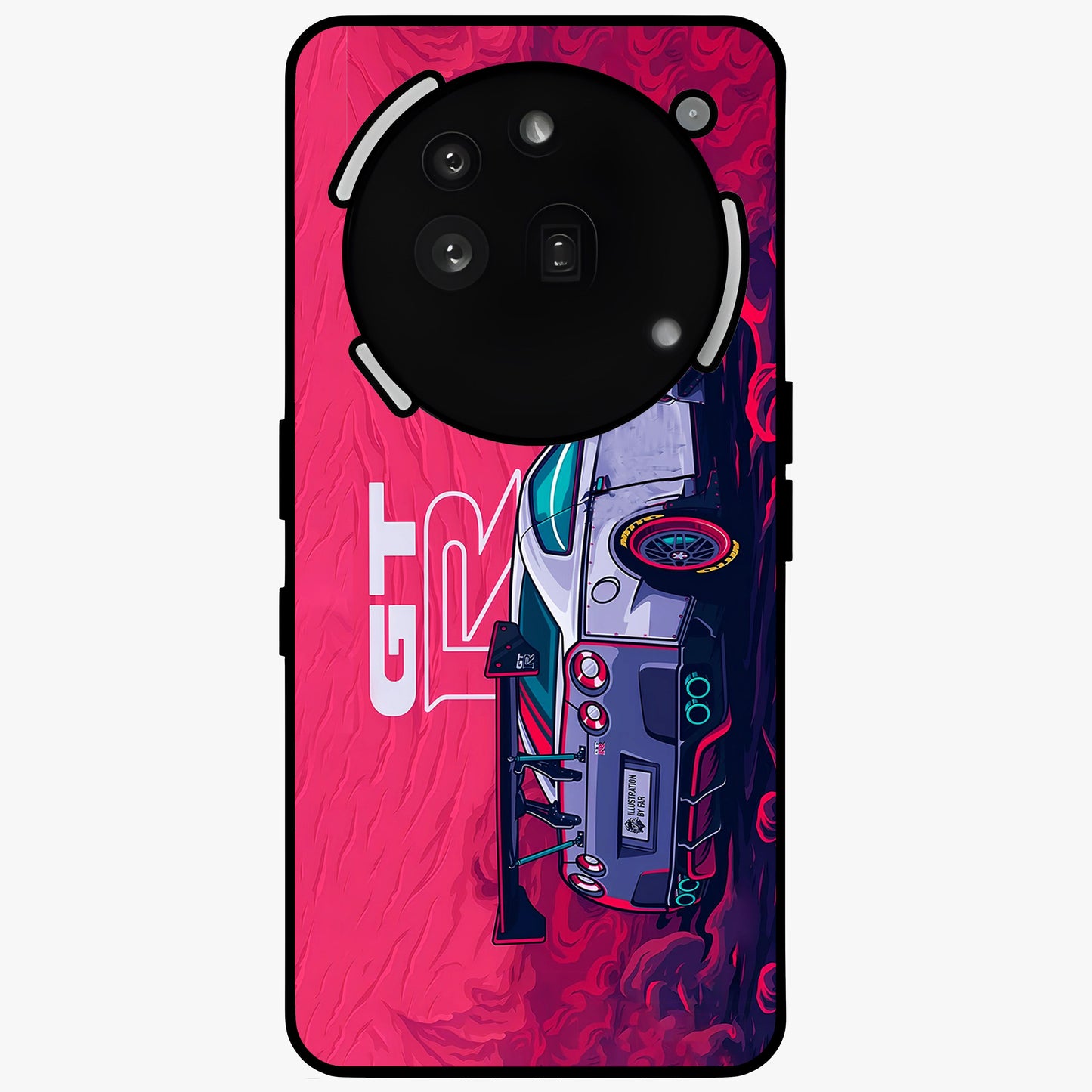 GT-R Car Pattern Glass Case showing flat back view with sporty car inspired pattern artwork and glossy glass finish.