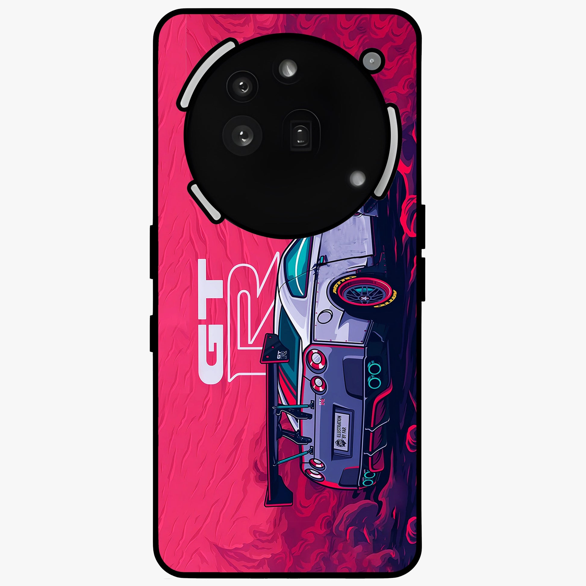 GT-R Car Pattern Glass Case showing flat back view with sporty car inspired pattern artwork and glossy glass finish.