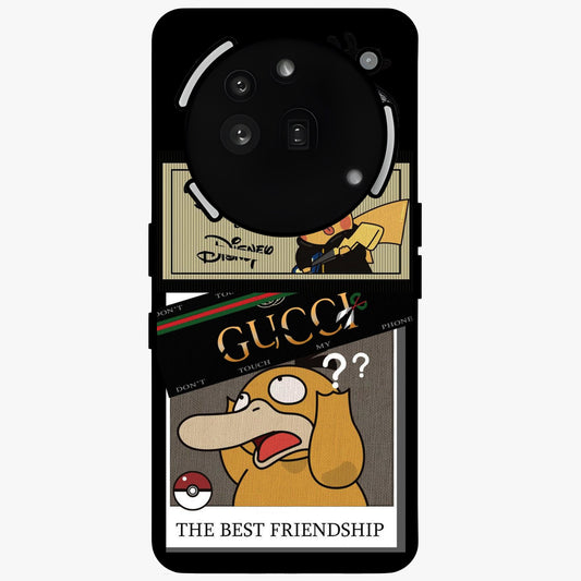 Gucci Play Mashup Glass Case showing flat back view with luxury inspired graphic artwork and glossy glass finish.