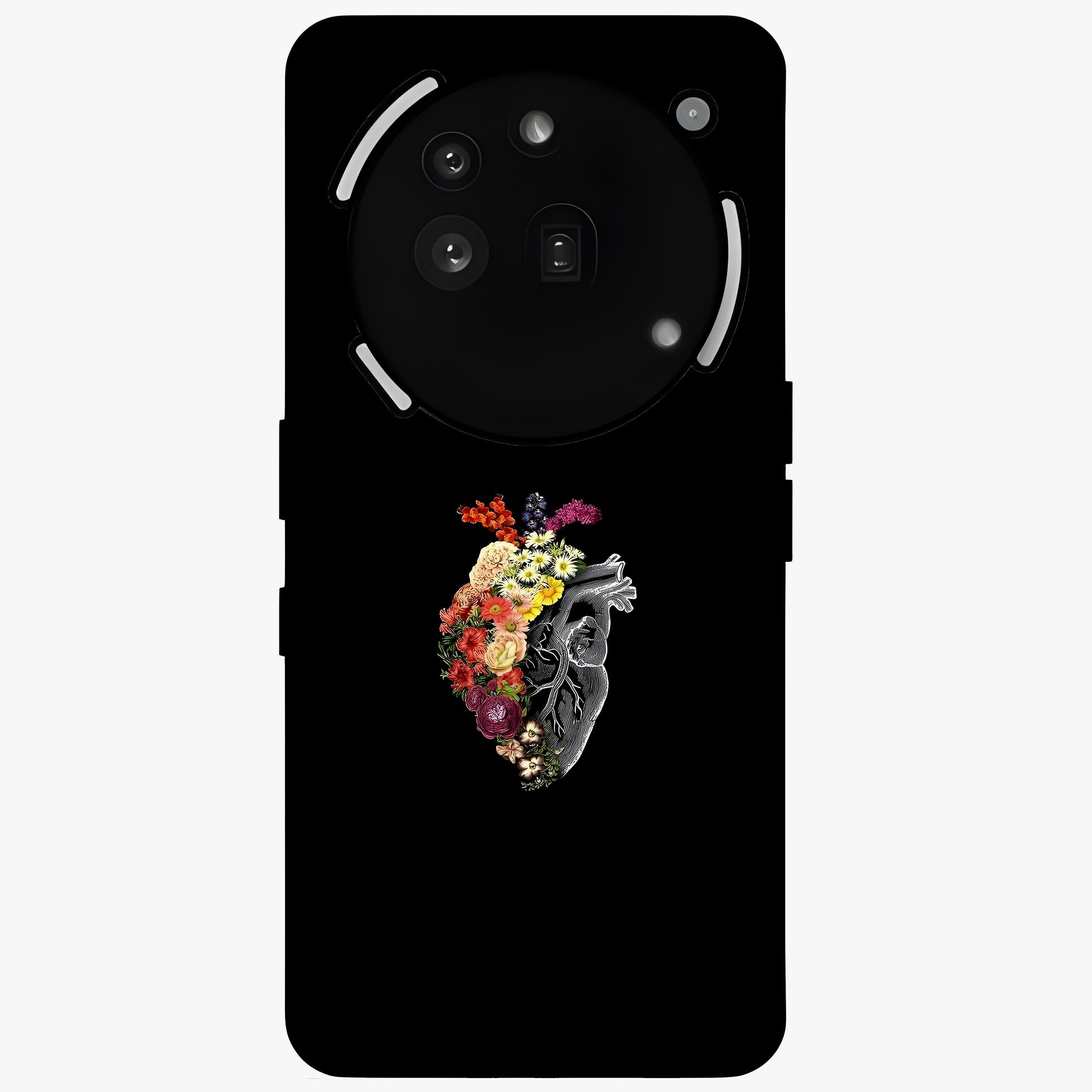 Heart With Flowers Glass Case showing flat back view with heart shaped floral artwork and glossy glass finish.
