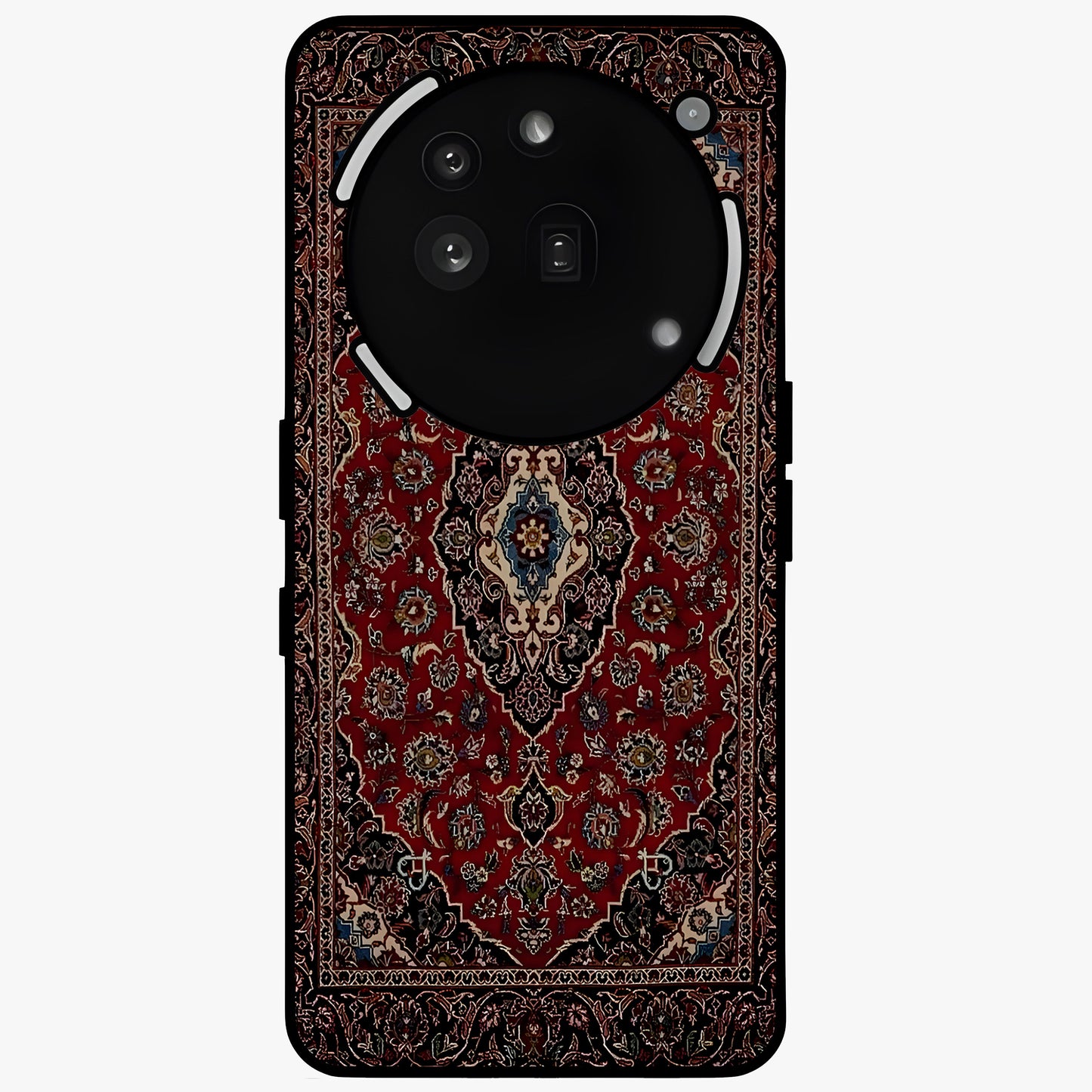 Heritage Carpet Royale Glass Case showing flat back view with ornate Persian carpet inspired pattern and glossy glass finish.