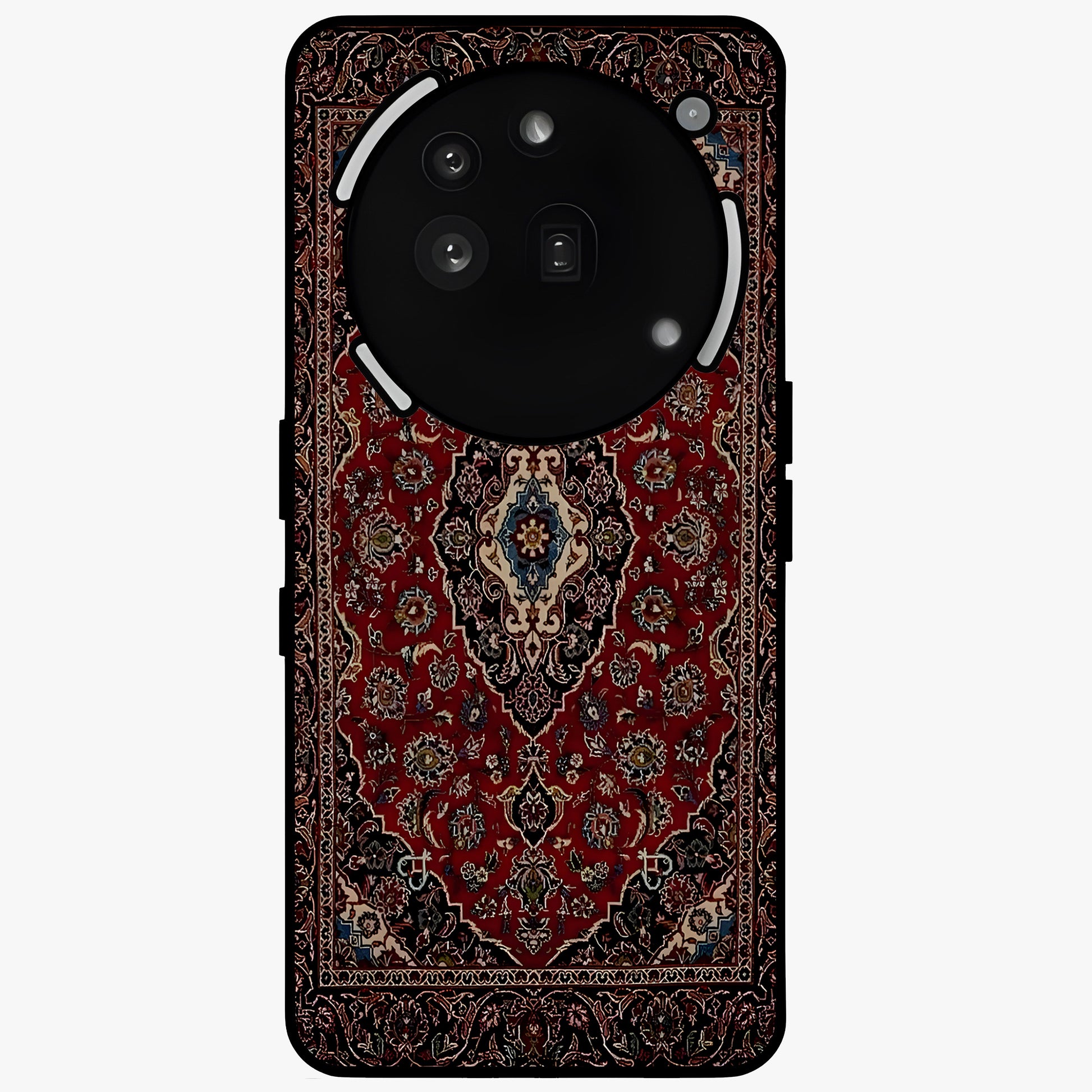 Heritage Carpet Royale Glass Case showing flat back view with ornate Persian carpet inspired pattern and glossy glass finish.