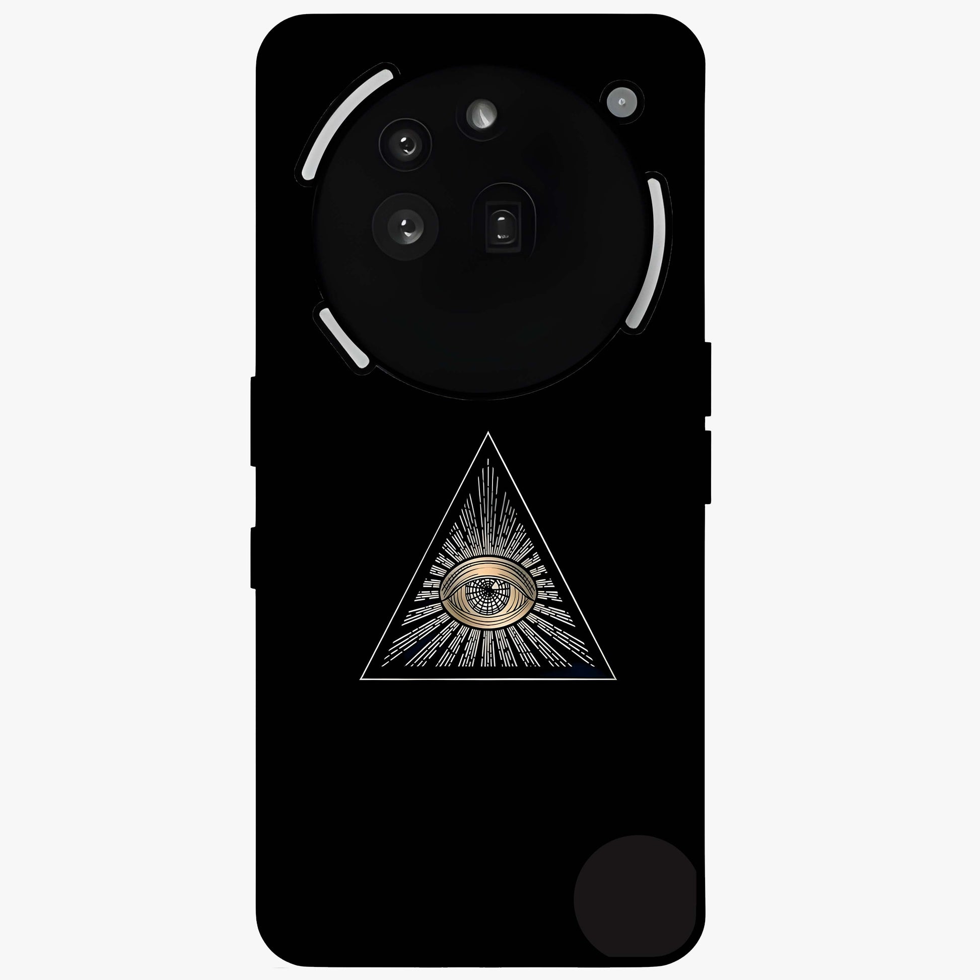 Illuminati Evil Glass Case showing flat back view with mysterious illuminati symbol artwork and glossy glass finish.
