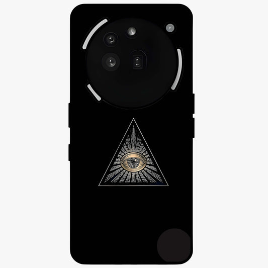 Illuminati Evil Glass Case showing flat back view with mysterious illuminati symbol artwork and glossy glass finish.