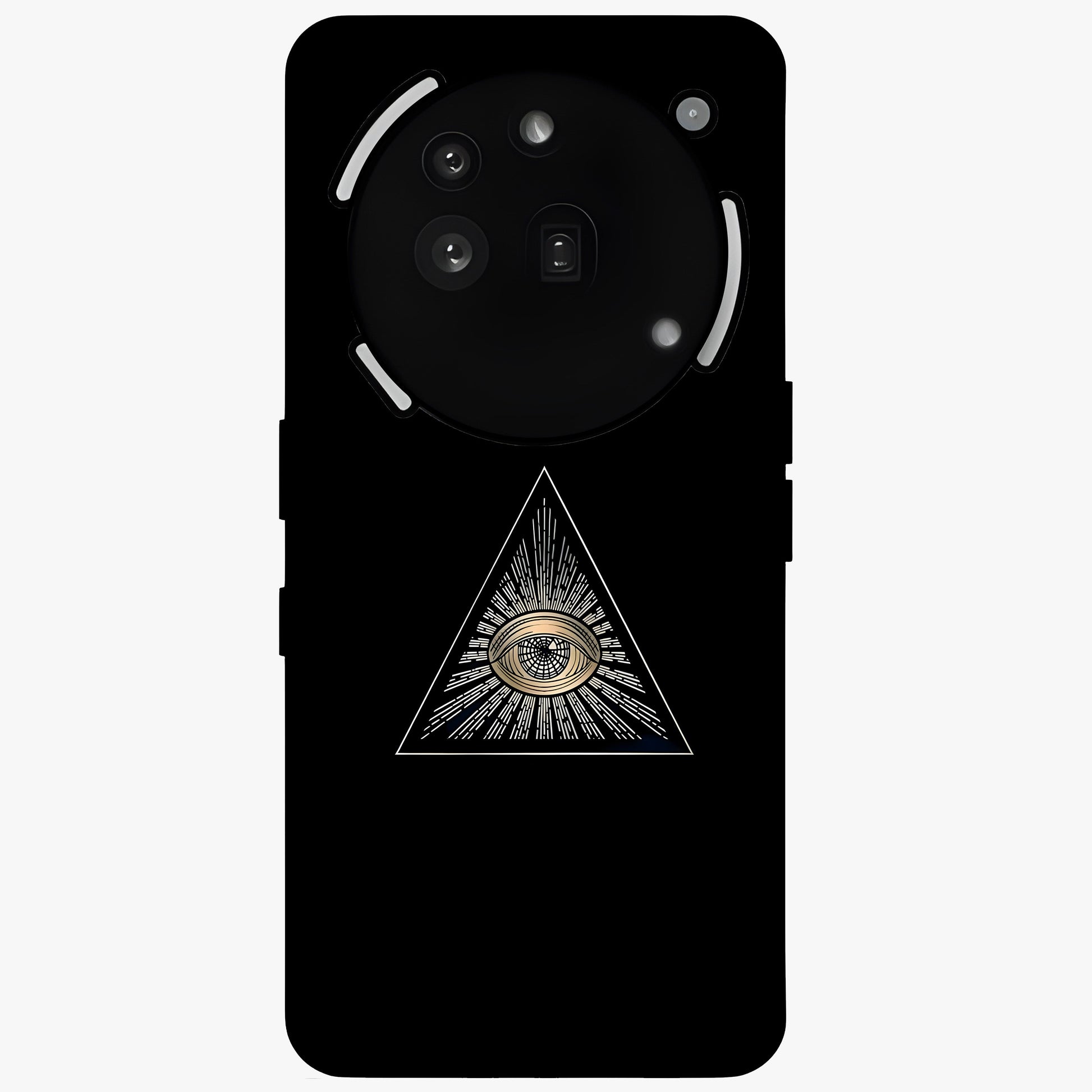 Illuminati Evil Glass Case showing flat back view with mysterious illuminati symbol artwork and glossy glass finish.