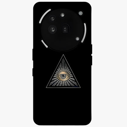 Illuminati Evil Glass Case showing flat back view with mysterious illuminati symbol artwork and glossy glass finish.