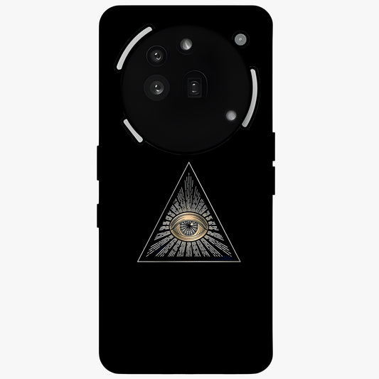 Illuminati Evil Glass Case showing flat back view with mysterious illuminati symbol artwork and glossy glass finish.