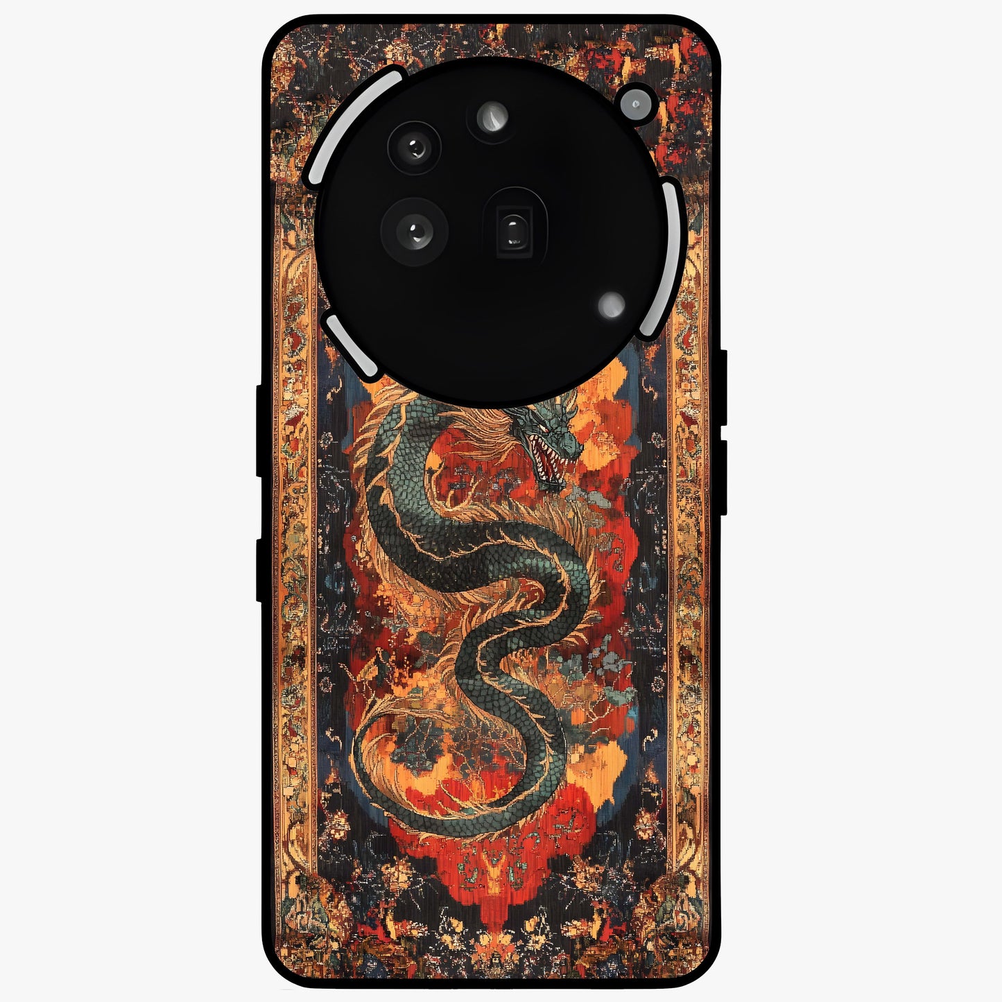 Inferno Dragon Soul Glass Case showing flat back view with fiery dragon artwork and glossy glass finish.