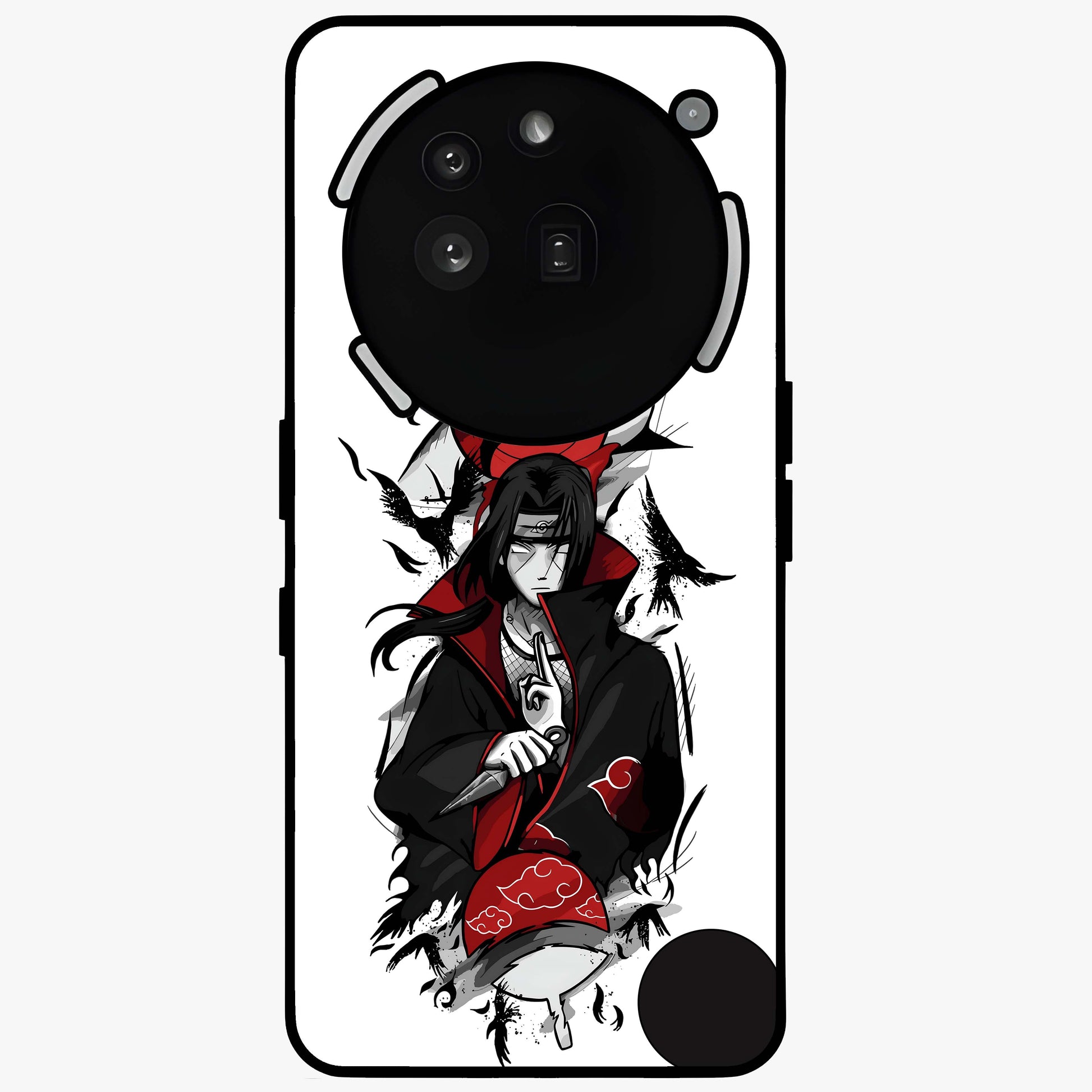Itachi Sharingan Glass Case showing flat back view with powerful anime eye artwork and glossy glass finish.